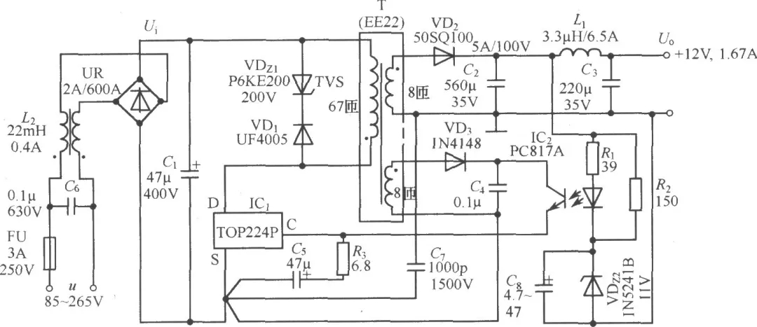 TOP224P構(gòu)成的12V、20W開關(guān)直流穩(wěn)壓電源電路